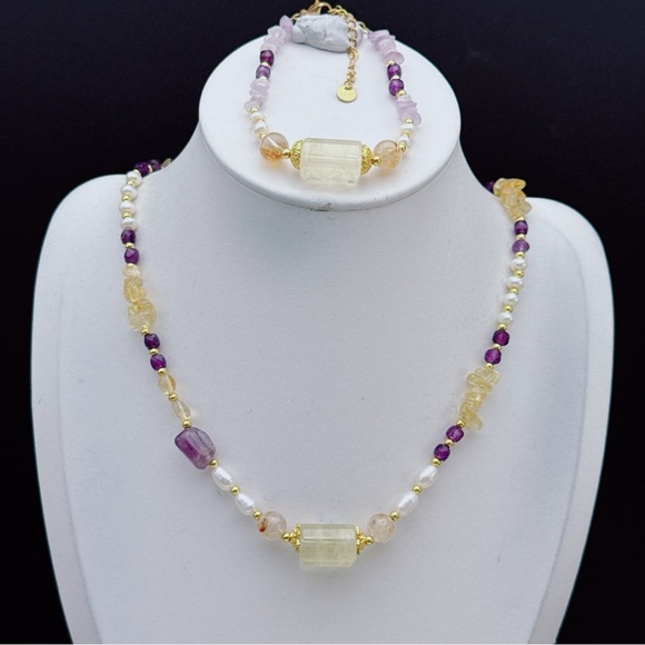 26X46 Handmade Freshwater Pearl Citrine Amethyst Necklace Bracelet Set - Picture 9 of 10
